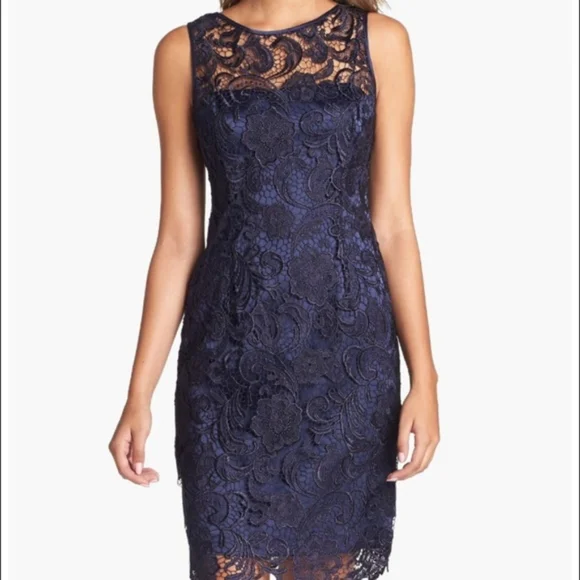 Adrianna Papell | Dresses | Adrianna Papell Lace Dress Navy Mid Length  Great For Wedding Guest Bridesmaid 4 | Poshmark
